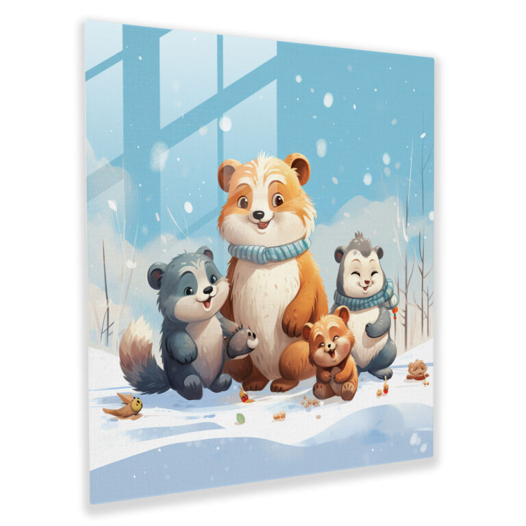 Winter Friends Glass Print - Winter, Playing In The Snow, Glass Art, Winter