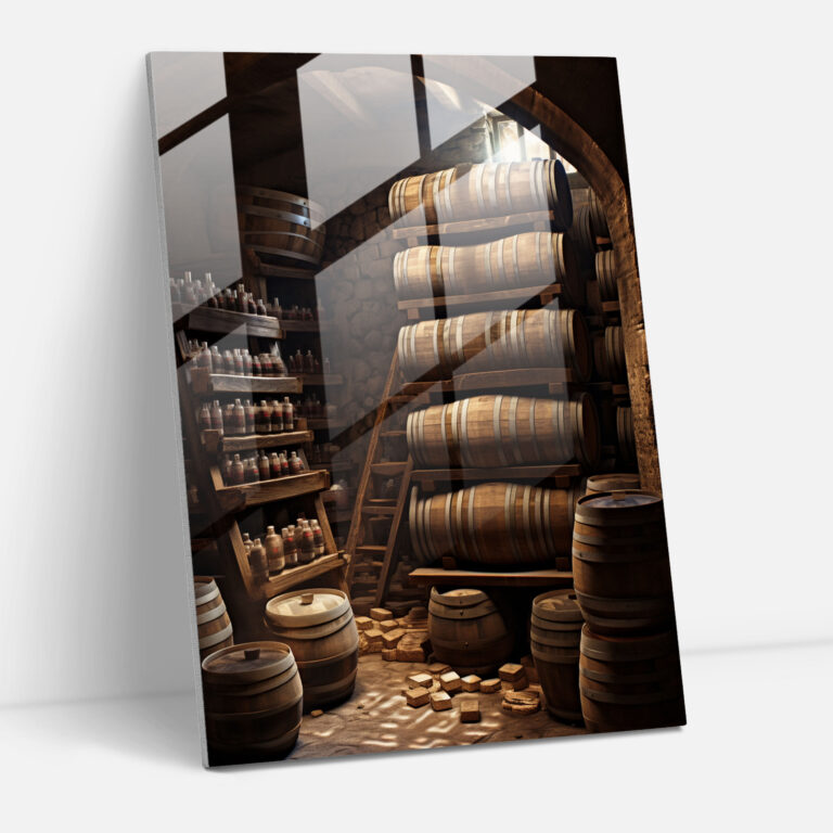 Wine Cellar Glass Print - Wine, Wine, Glass Art, Wooden Barrels