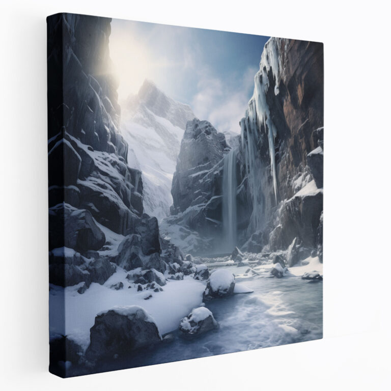 Winter Icy Waterfall Canvas Print - Winter, Natural Beauty, Wall Decoration, Snow-Covered Rocks
