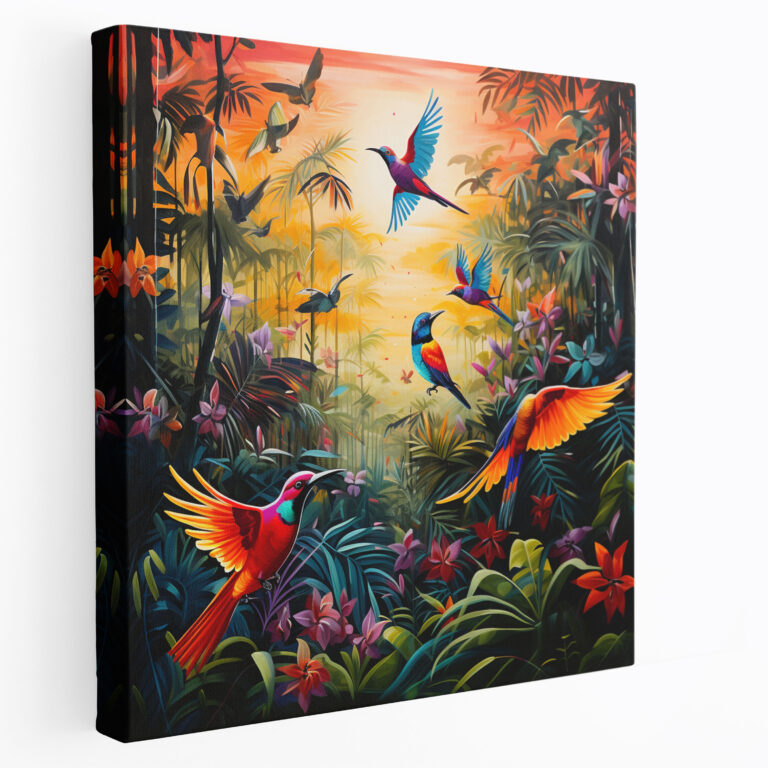 Wildlife Wall Art - Vibrant Acrylic Birds In Jungle Canvas Print - Wildlife, Tropical Jungle, Canvas Wall Art, Nature