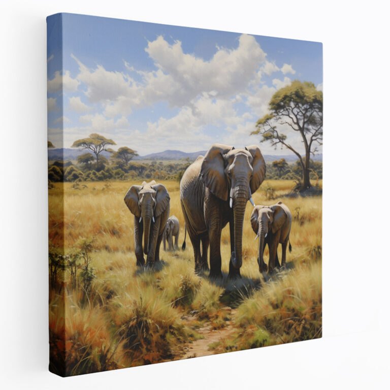 Wildlife Canvas Print - Realistic Oil Painting Of Grazing Elephants - Wildlife, Canvas Wall Art, Wildlife, Elephants