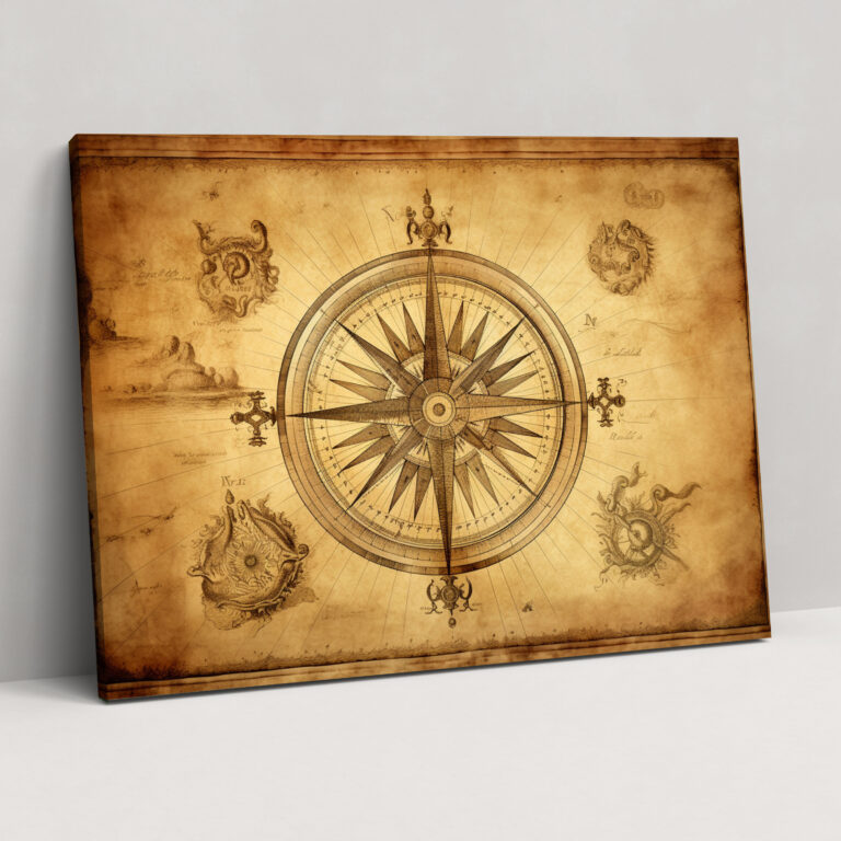 Vintage World Map Wall Decoration - World Map, Old Compass Rose, Aged Parchment Texture, World Map