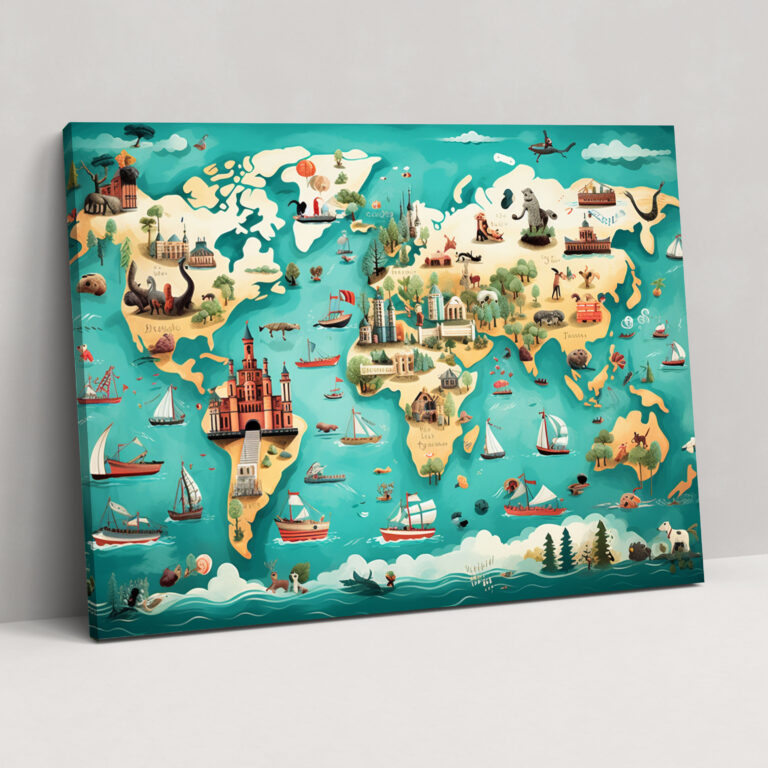 Whimsical World Map Wall Art - World Map, Wall Decoration, Canvas Wall Art, World Map