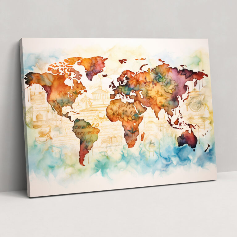 Watercolor Calligraphy World Map Canvas Print - World Map, Watercolor And Calligraphy Fusion, World Map, Canvas
