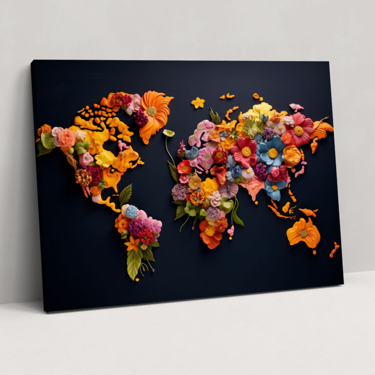 Floral World Map Wall Decoration - World Map, Flowers, Elements, Wall Decoration