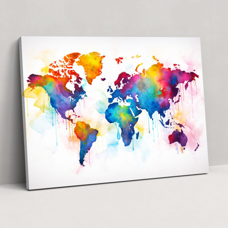 Colorful Watercolor World Map Wall Art - World Map, Canvas, Canvas Print, Modern Typography