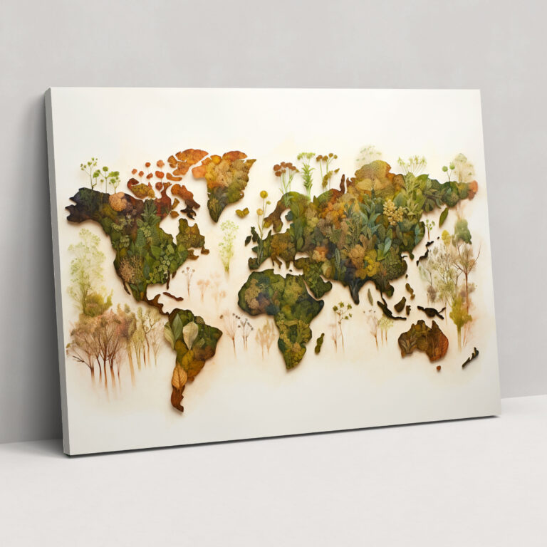 Botanical World Map Canvas Print - World Map, Nature-Inspired Watercolor, World Map, Wall Decoration