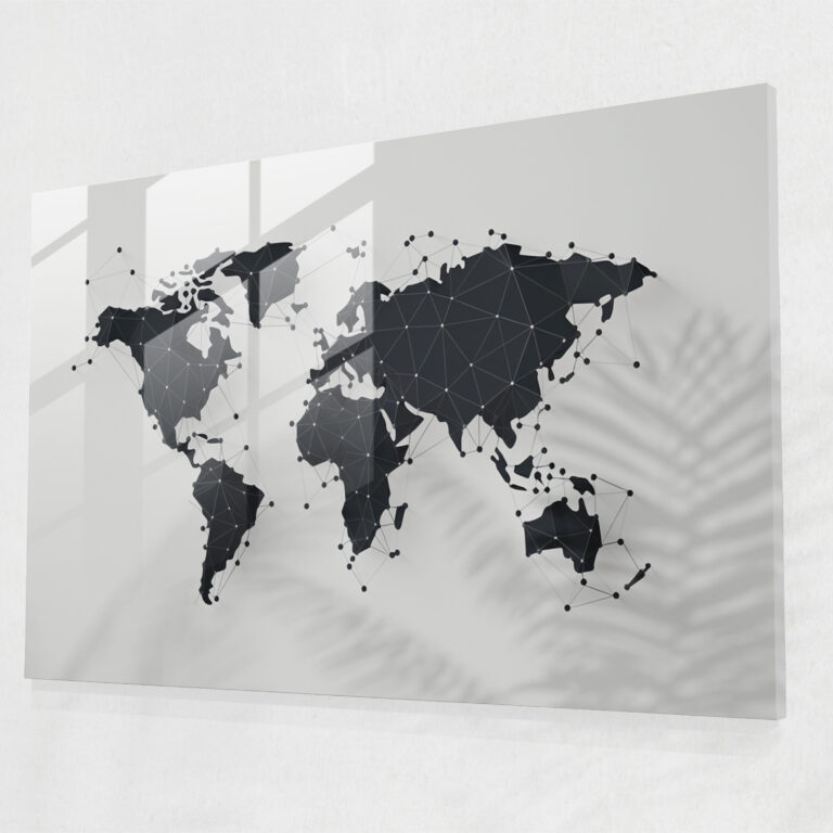 World Map 2 Glass Wall Art - World Map 2, Elegant, World Map 2, Minimalist Line Drawing