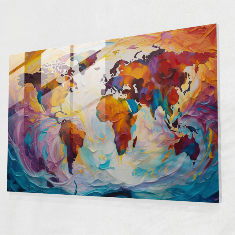 [World Map] Glass Print - Abstract Swirling Colors - World Map 2, Glass Wall Art, Vibrant Colors, Home Decoration