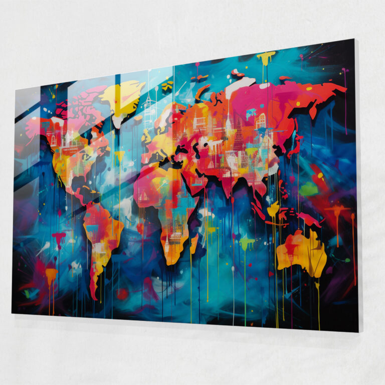 [World Map] Modern Art - World Map 2, Comic Book-Inspired, Vibrant World Map, Glass Print