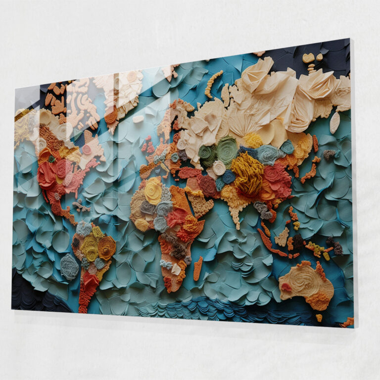 [World Map] Glass Wall Art - Contemporary Collage World Map - World Map 2, Textures, Eclectic Touch, Glass Art