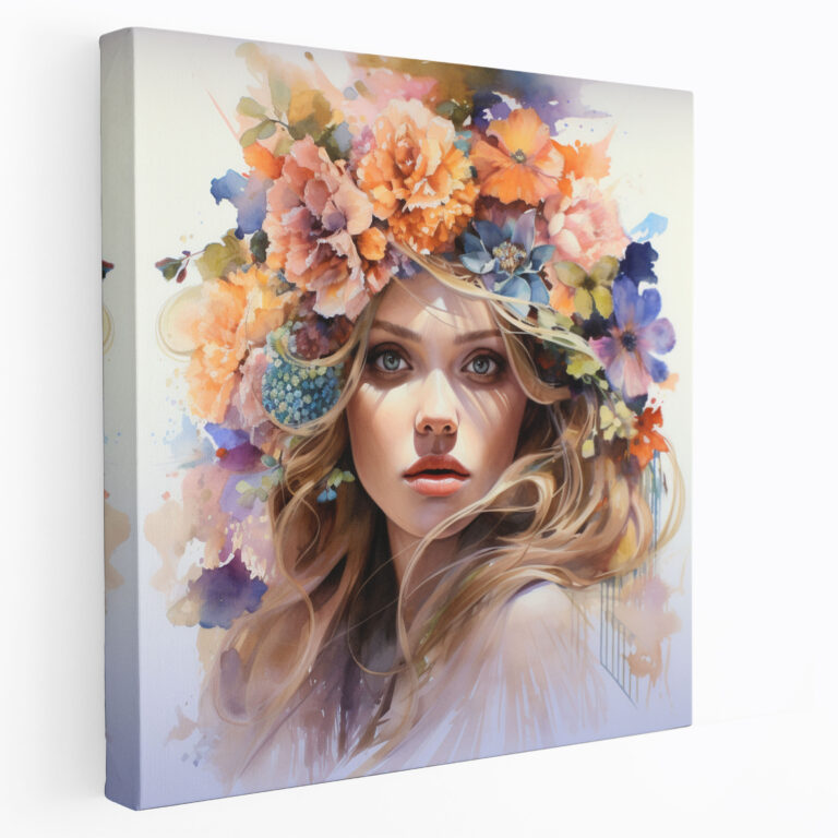 Woman Canvas Print: Colorful Flowers - Woman, Watercolor Painting, Woman, Home Decoration