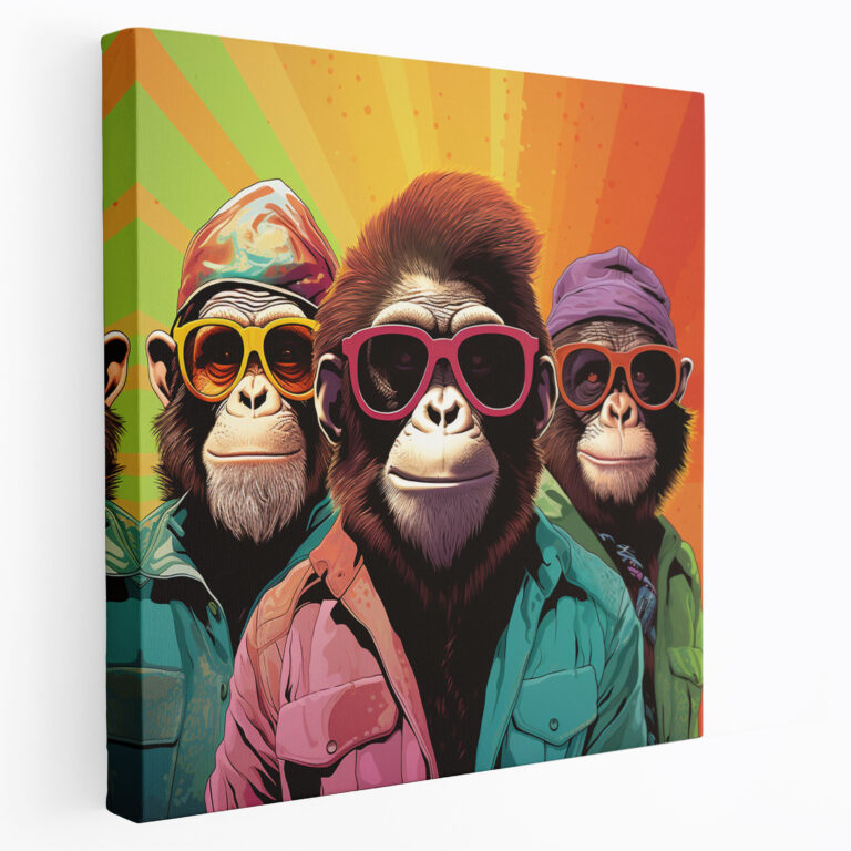 Renkli Pop Art Maymunlar Kanvas Tablo - 3 Maymun Canlı Çizgi Roman Arka Planı