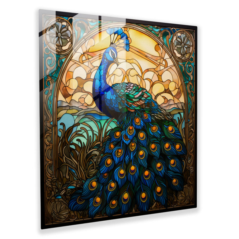 Canlı Tavus Kuşu Vitray Tasarımının Büyüleyici Cam Tablosu - Modern Sanat Eseri
