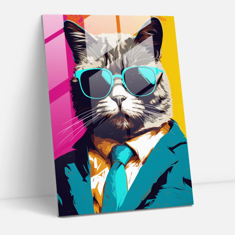 Hayvanların İnsan Gibi Giyindiği Cam Tablo - Pop Art Tarzı - Kedili Güneş Gözlüğü Temalı Cam Tablo