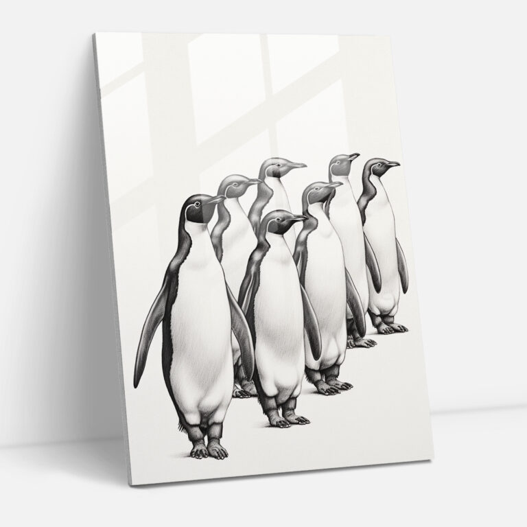 Penguin Parade Cam Tablo - Hayvanlar İnsan Giysileri Giymiş Modern Sanat Duvar Dekorasyonu