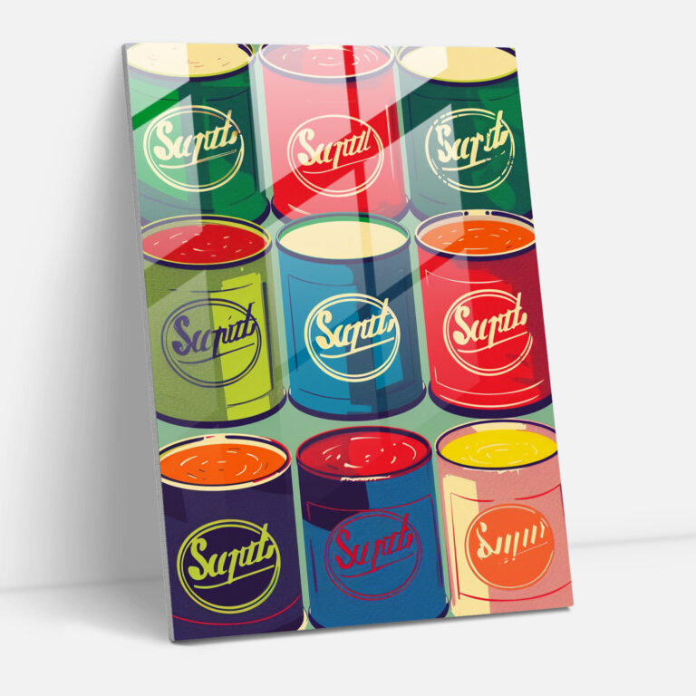 Retro Çorba Kutuları Cam Tablo - Andy Warhol Cam Sanatı Cam Duvar Sanatı