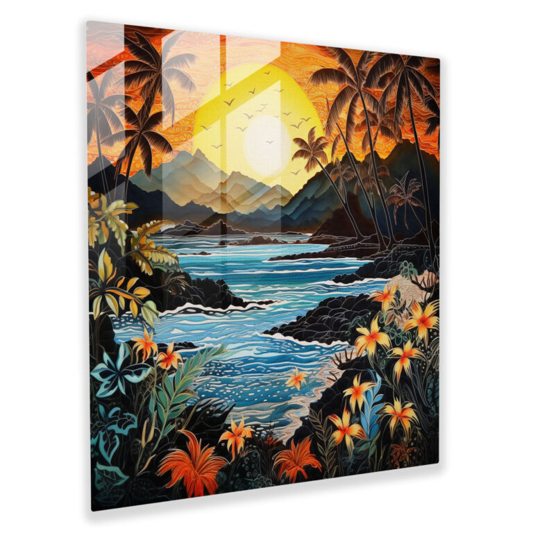 Asya Temalı Endonezya Batik Kumaş Cam Tablo - Asya Endonezya Batik Kumaş Modern Sanat