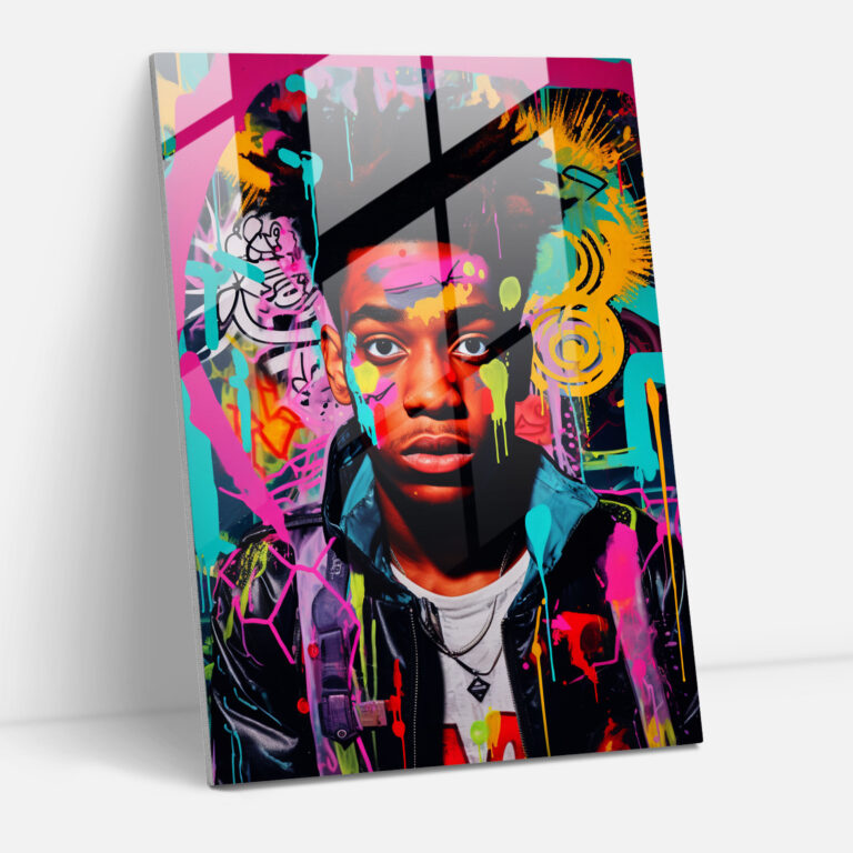 Basquiat Cam Tablo - Pop Sanat Portre Cam Duvar Sanatı - Basquiat Görsel Etki Canlı Ev Dekorasyonu