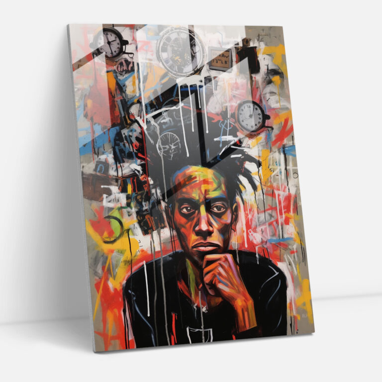Basquiat Cam Tablo - Derin Kendi Portresi - Basquiat Cam Sanatı Ev Dekorasyonu Düşünceli Kendi Portresi