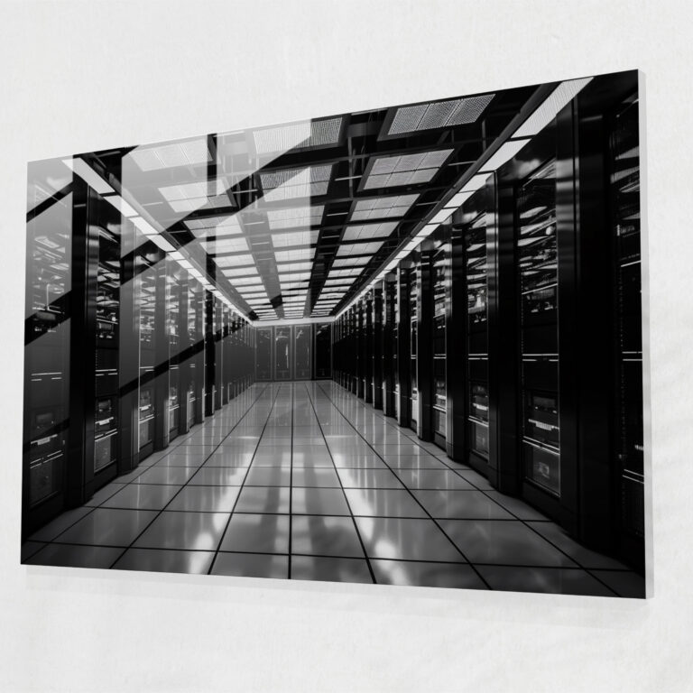 Blockchain Cam Tablo Sanatı - Bilgi Blok Zinciri Cam Sanat Bilgisayar Sunucu Odası Siyah Beyaz Fotoğraf