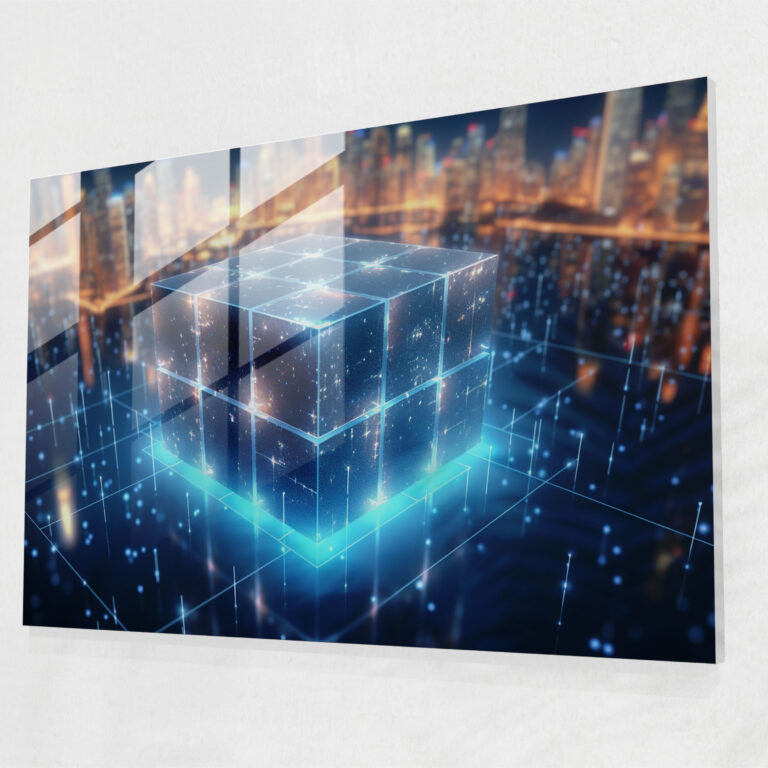 Parlayan Blockchain Cam Tablo - Blockchain Duvar Dekoru Modern Sanat Bağlantılı Noktalar