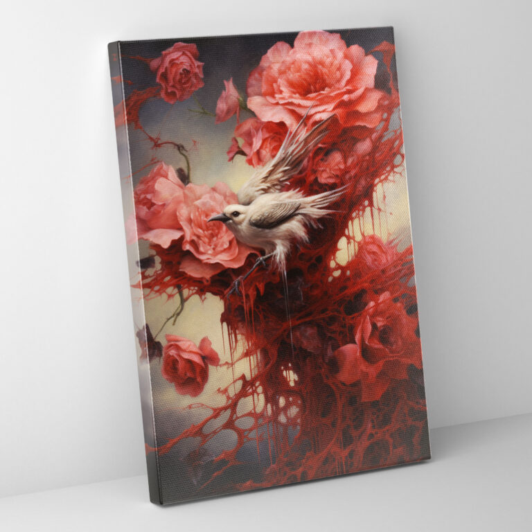 Blooms'un Kuşları Surrealist Kanvas Tablo - Kanayan Çiçekler Hayal Gücü Surrealist Resim Kuşlar