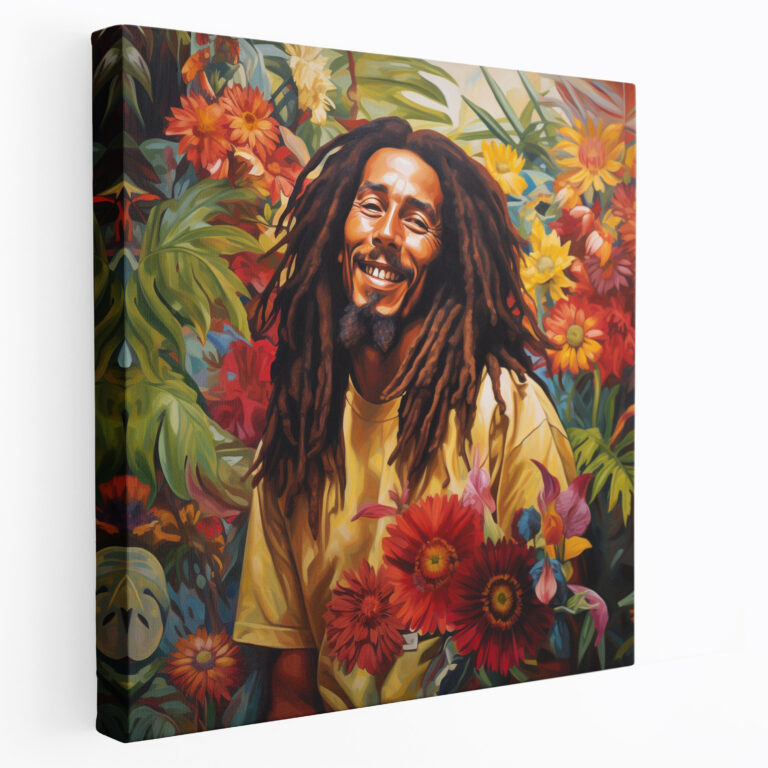 Bob Marley Tropikal Kanvas Tablo - Bob Marley Canlı Ruh Tropikal Çiçekler Portre