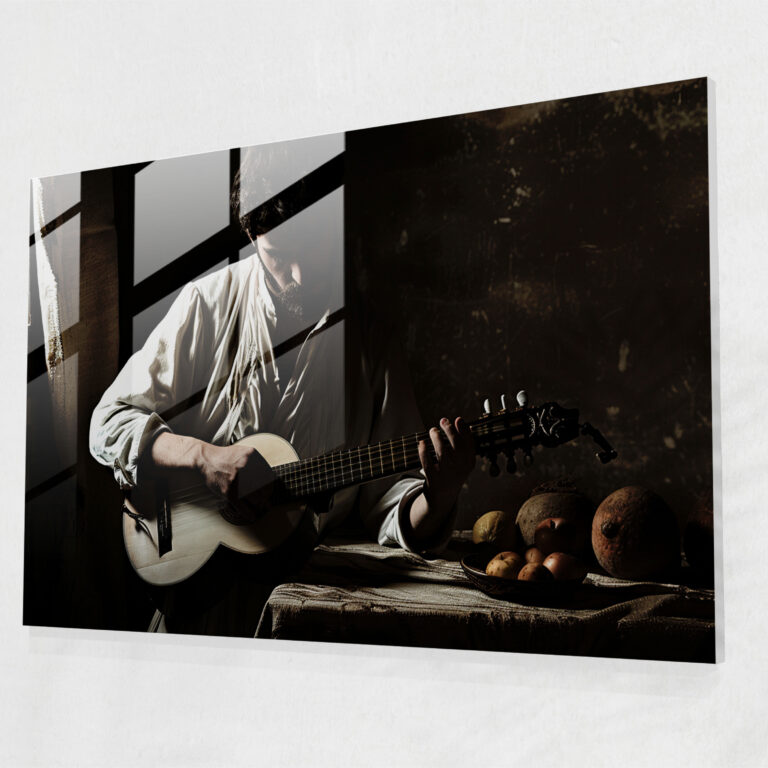 Caravaggio Tarzı Cam Tablo - Müzik Aleti Çalan Adam - Ev Dekorasyonu Modern Sanat