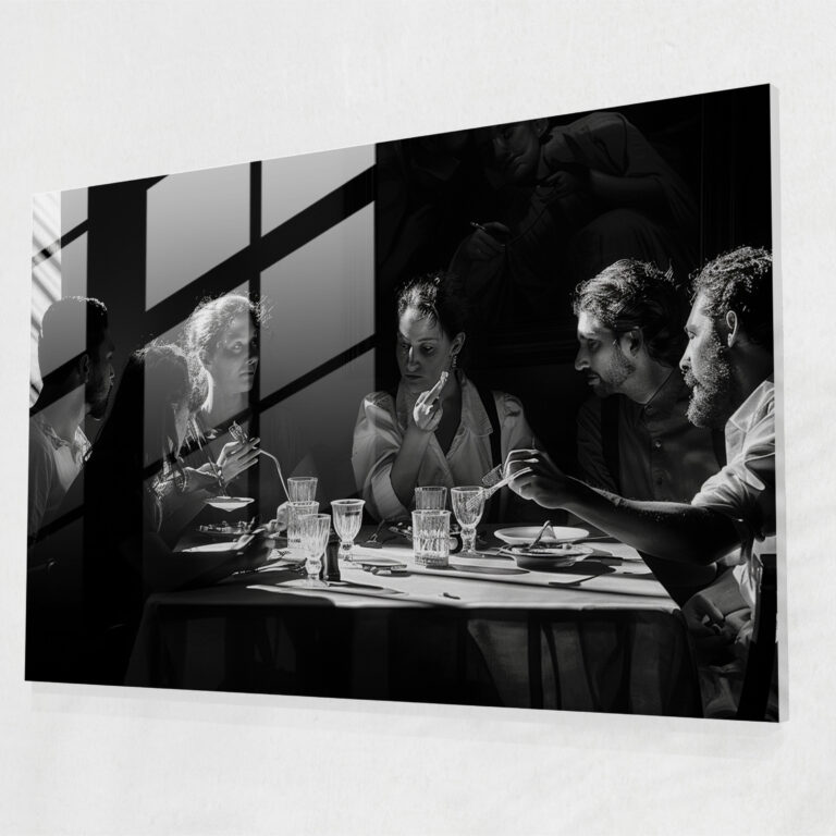 Caravaggio Tarzı Cam Duvar Sanatı - Yemek Masasında Toplanmış İnsan Grubu - Cam Sanatı Cam Duvar Sanatı Duvar Süsü