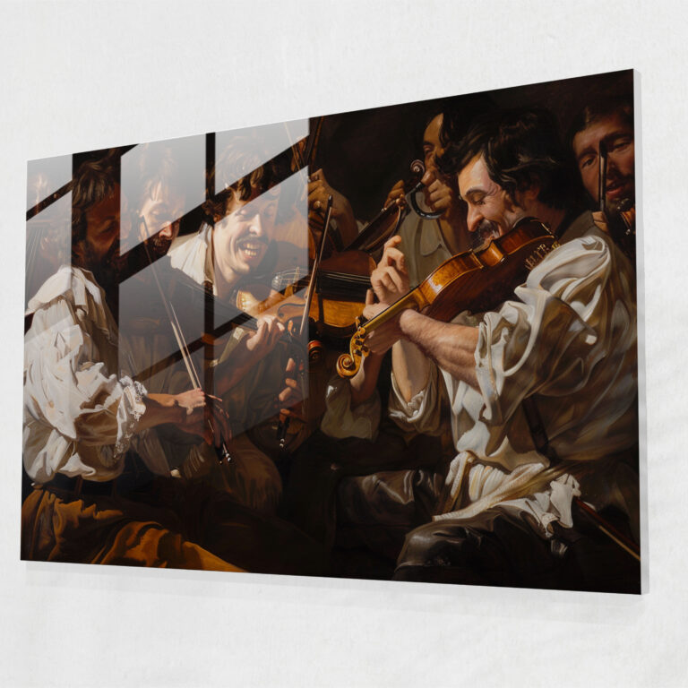 Canlı Sahneli Müzisyen Grubu - Caravaggio Tarzı Cam Tablo - Chiaroscuro Tekniği Müzik Temalı