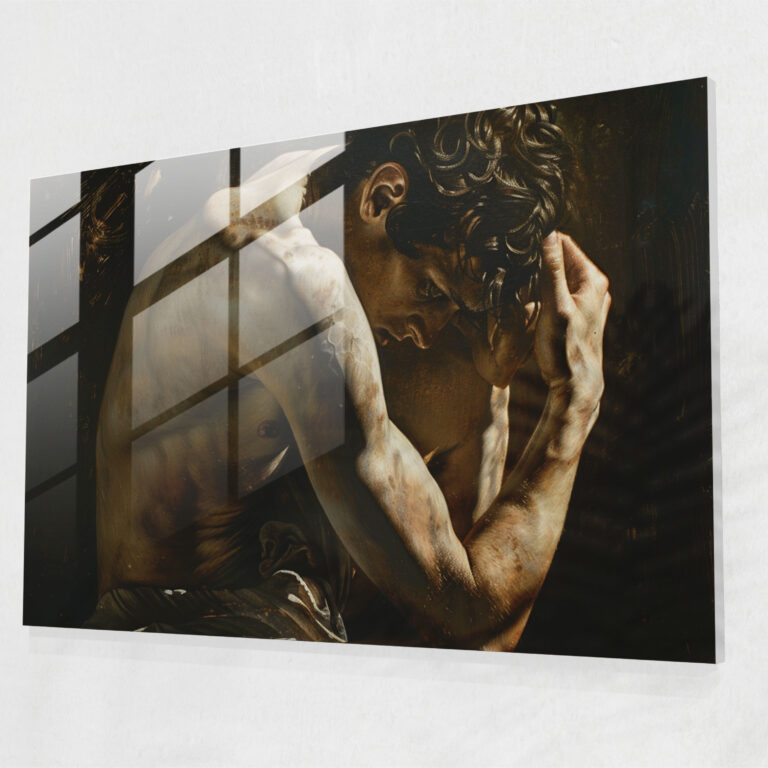 Caravaggio Tarzı Cam Duvar Sanatı - Derin Düşünceli Figür - Çarpıcı Kompozisyon Düşünce Halinde