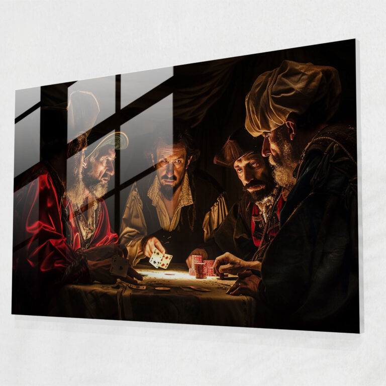Caravaggio Tarzı Cam Tablo: Kart Oynayan İnsan Grubu - Duvar Dekorasyonu Cam Sanatı Barok Sanat