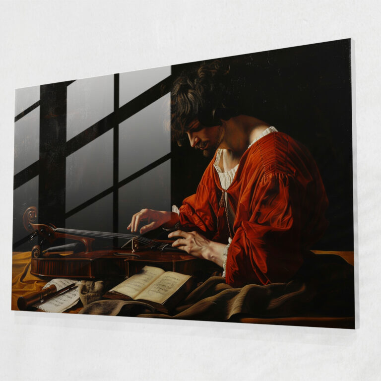 Caravaggio Tarzı Duvar Dekorasyonu: Müzik Aleti Çalan Figür - Caravaggio Belirgin Kontrastlar Kanvas Tablo