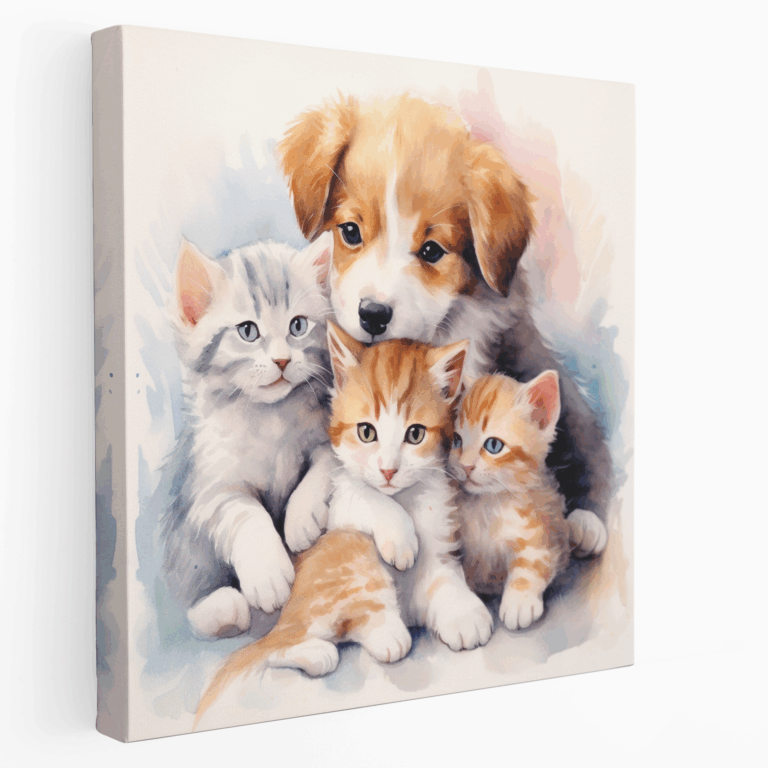 Sıcacık Sarılma Köpek ve Kedi Kanvas Tablo