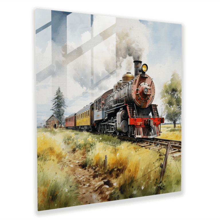 Büyüleyici Cam Tablo Ev Dekorasyonu - Vintage Tren Suluboya Cam Sanatı
