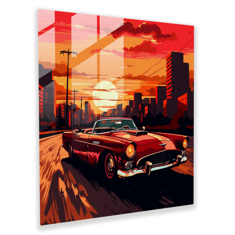 Retro Pop Art Cam Tablo - Şehir Manzarasında Kırmızı Dönüştürülebilir Araba - Modern Cam Duvar Dekoru