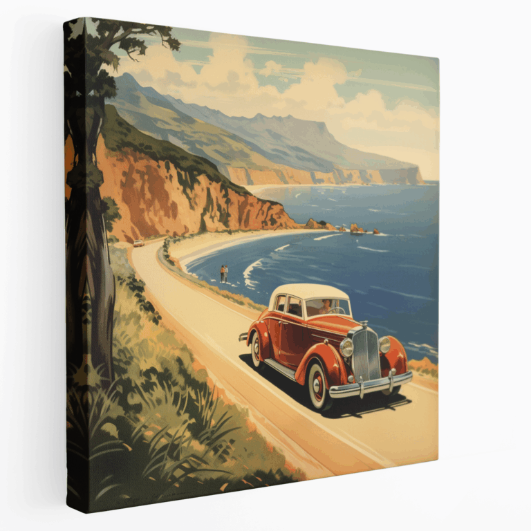 Klasik Arabalı Sahil Yolu Vintage Seyahat Poster Kanvas Tablo