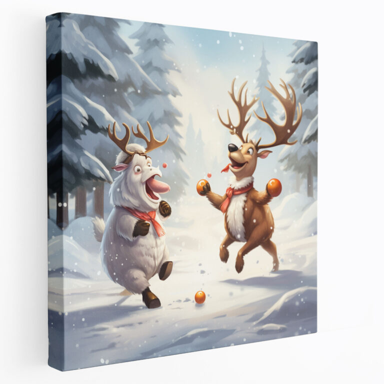 Noel Kanvas Tablo - Eğlenceli Karikatür İllüstrasyon - Geyik ve Karadam Savaşı - Noel Duvar Sanatı Geyik Kanvas Tablo