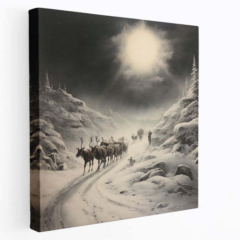 Noel Kanvas Tablo - Geyik Sleigh - Noel Kanvas Noel Baba'nın Arabası Kanvas Tablo