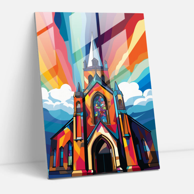 Pop Art Kilise Cam Tablo Sanatı - Kilise Modern Sanat Cesur Renkler Cam Tablo