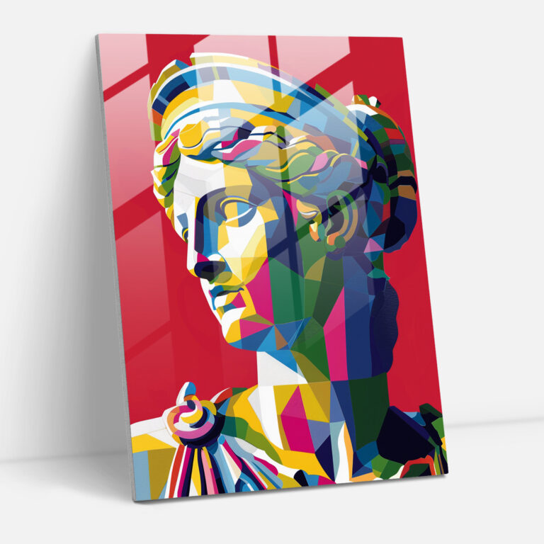 Klasizm ve Pop Art'ın Birleşimi: Yunan Tanrıçası Pop Art Cam Tablo - Klasizm ve Pop Art'ı Birleştirin Cam Sanatı.