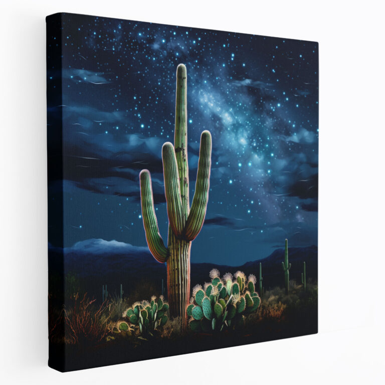 Çöl Duvar Dekorasyonu - Görkemli Saguaro Kaktüs Gece Gökyüzü Kanvas Tablo - Çöl Harika Sakin Atmosfer Dijital Sanat