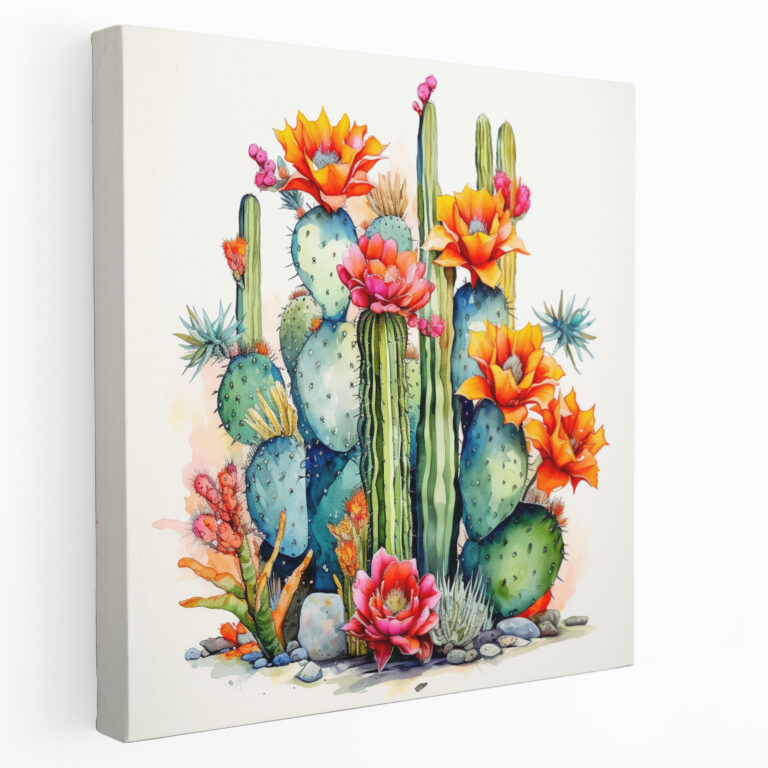 Çöl Duvar Sanatı - Çiçek Açan Saguaro Kaktüsü Suluboya Kanvas Tablo - Çöl Suluboya ve Mürekkep Çizimi Kanvas Tablo Çiçek Açan Saguaro Kaktüsü