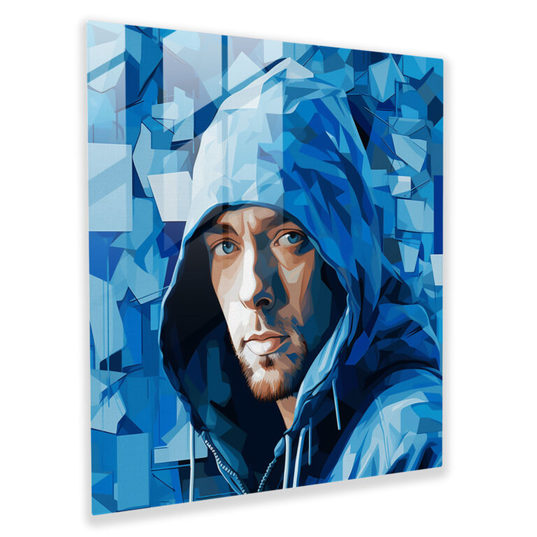 Eminem Cam Tablo Sanatı: Serin Mavi Soyut Portre - Eminem Cam Tablo Cam Sanatı Pop Kültürü