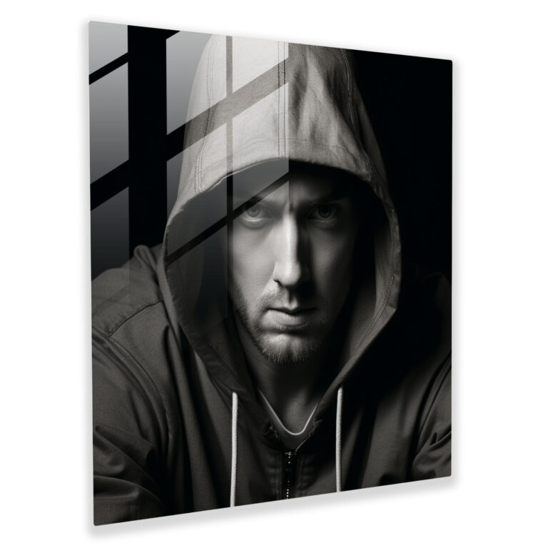 Eminem Siyah Beyaz Cam Tablo Sanatı: Yoğun Siyah Beyaz İfade - Müzik Modern Sanat
