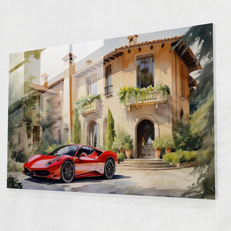 Klasik Kırmızı Ferrari İtalyan Villası Önünde - Cam Tablo Sanatı - Ev Dekorasyonu