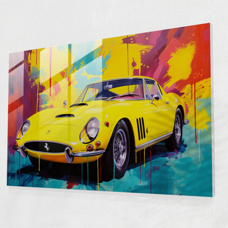 Ferrari Cam Tablo - Canlı Sarı Ferrari ve Cesur Renkli Arka Plan - Ferrari Modern Sanat Cesur Renkli Arka Plan Cam Sanat