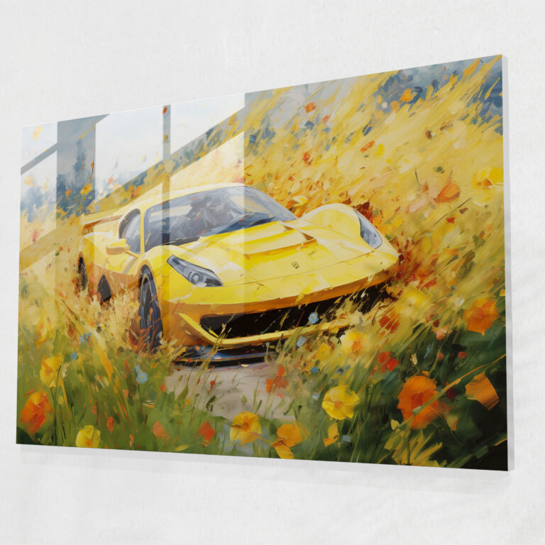 Ferrari Cam Tablo - Çiçeklerle Dolu Alanı Hızla Geçen Hayalperest Sarı Ferrari - Ferrari Hayalperest Duvar Dekorasyonu Çiçeklerle Dolu Alan