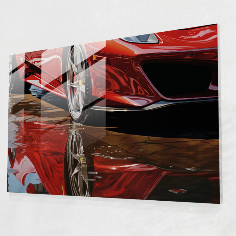Ferrari Cam Tablo - Kırmızı Ferrari'nin Gerçekçi Yakın Plan Eğrileri ve Yansımaları - Ferrari Cam Sanatı Modern Sanat Kırmızı Ferrari